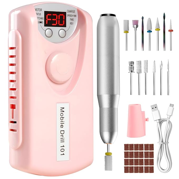 Droyek Electric Nail Drill Portable Nail Drill Professional 30000 RPM 13 Salon Quality Drill bits 50 Sanding Bands Portable & Low Noise for Acrylic Nails Gel Polishing Removing Bits Kit for Home Use