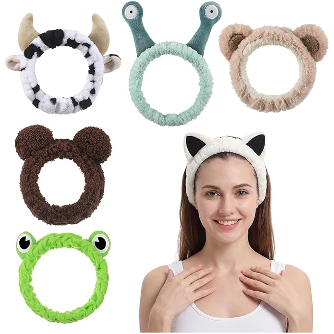 6-pack Animal Headbands Soft Coral Fleece Hair Band for Face Washing, Makeup, Skincare, Spa, Multi-color Animal Headbands for Women and Girls Gift