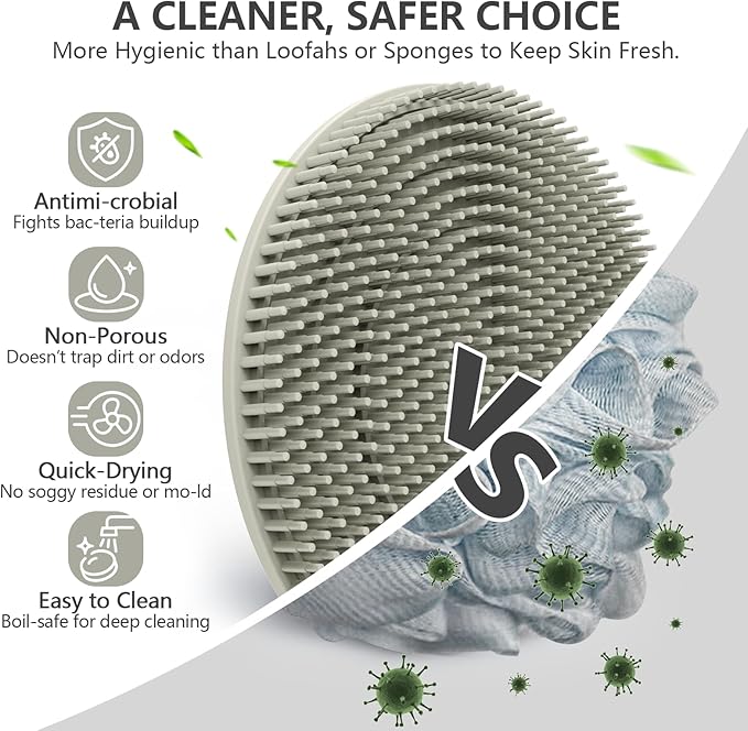 Silicone Body and Face Scrubber Set 3 Pack, BEAUTAIL Shower Bath Scrubber, Gentle Exfoliating Brush for Women Men Baby Sensitive Skin, More Hygienic Than Traditional Loofah, Long Lasting, Black+Gray