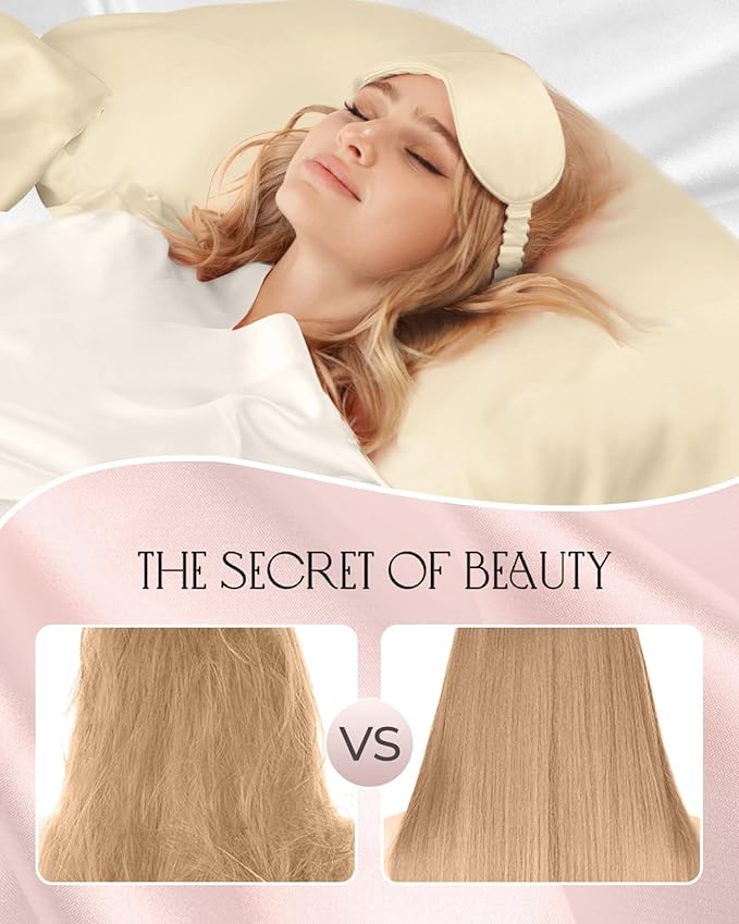 Miss Adola 1Pack Mulberry Silk Pillow Case for Hair and Skin Standard 26"x20" Silk Pillowcase with Eye Mask & Scrunchie Soft Silk Pillowcase Sleeping for Women, Wife, Female - Champagne Gold