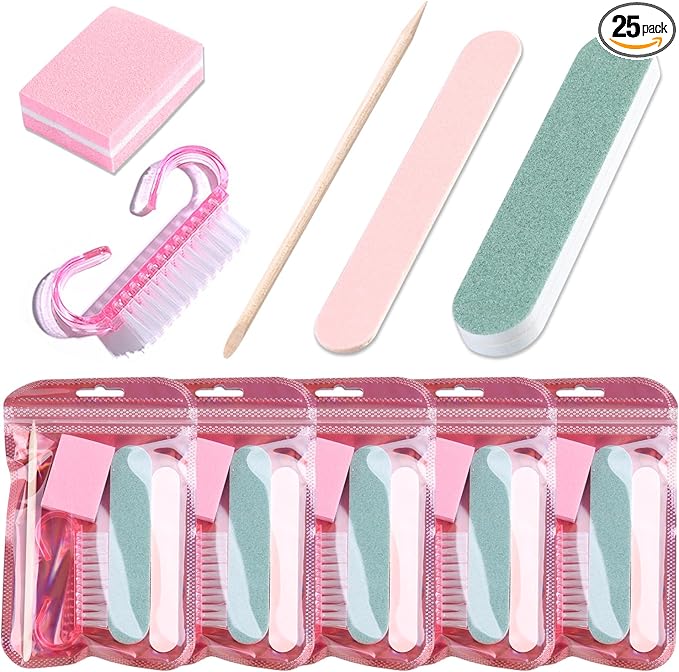 5-Piece Disposable Manicure Kit, Bulk Mini Nail Care Set with Nail Files, Buffer, Cuticle Pusher & Cleaning Brush, Pedicure Salon Supplies, Party Favors, Limas Desechables para Uñas