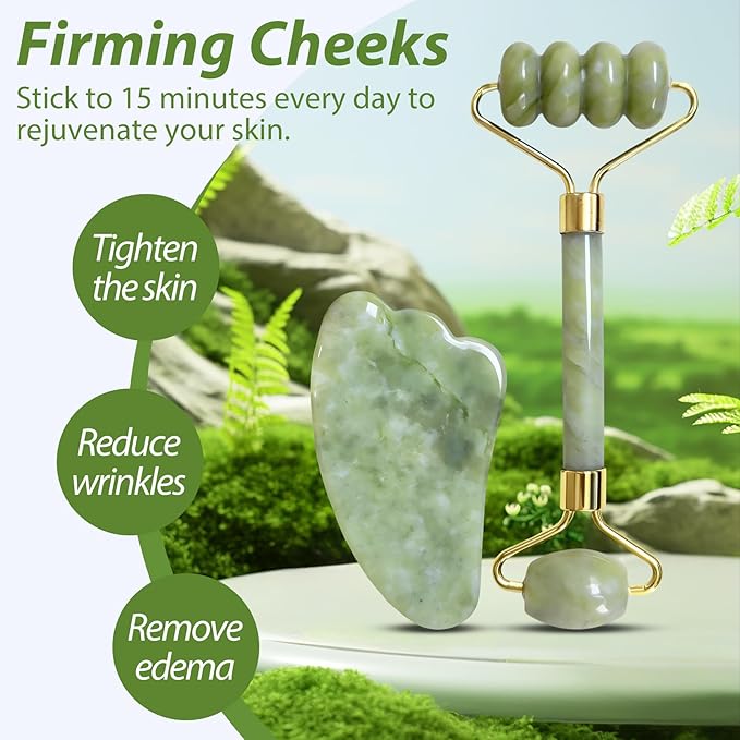 Gua Sha Facial Tools Face Roller and Gua Sha Set for Puffiness and Redness Reducing Skin Care Routine, Jade Roller Face Tools Self Care Gift for Men Women