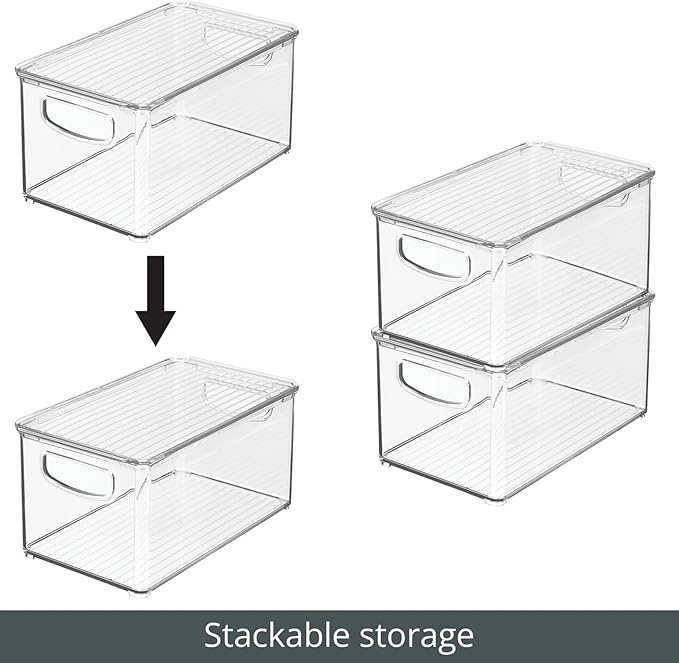 mDesign Deep Plastic Bathroom Storage Bin Box, Lid/Built-in Handles, Organization for Makeup, Hair Styling Tools, Toiletry Accessories in Cabinet, Shelves, Ligne Collection, 8 Pack, Clear