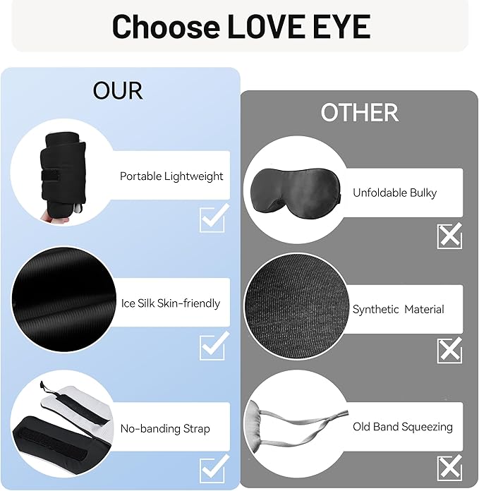 LOVE EYE Dual Side Sleep Mask, Ice Silk Eye Sleeping Mask & Blindfold with Adjustable Strap, Warm and Cool Side Total Blackout Eye Covers for Women Men Sleep Travel Nap (Black)