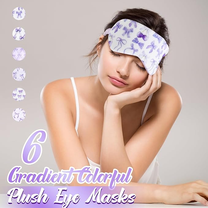 Cuffbow 6 Pack Plush Sleep Mask Set, Cute Plush Eye Masks for Sleeping, Soft Comfortable Travel Nap Blindfold, Sleepover Party Favors for Women(Bow,Purple)