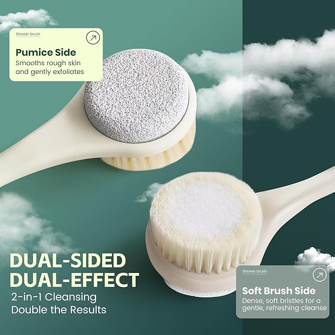 Back Scrubber for Shower, Long Handle Exfoliating Brush, Dual-Sided Bath Brush with Soft Bristles & Volcanic Pumice Stone, Anti-Slip Grip for Men & Women (Light Yellow)