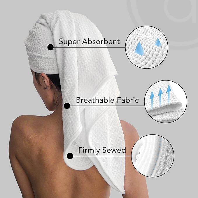 Microfiber Hair Wrap for Women - Extra Large 45 x 25 Anti-Frizz Quick Dry, Breathable Waffle Knit Towel with Elastic Loop for All Hair Types - Microfiber Towel
