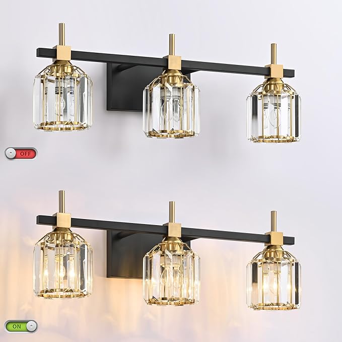 SOLFART Crystal Bathroom Light Fixtures 3 Light Bathroom Vanity Light Over Mirror Vanity Light Fixture Vintage Lighting 3T