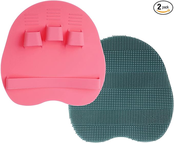 2 Pack Soft Silicone Shower Brush, Body & Face & Short Hair Wash, Bath Exfoliating Skin Massage Scrubber, Dry Skin Brushing Glove Loofah, Fit for Sensitive and All Kinds of Skin (PeonyPink+Green)