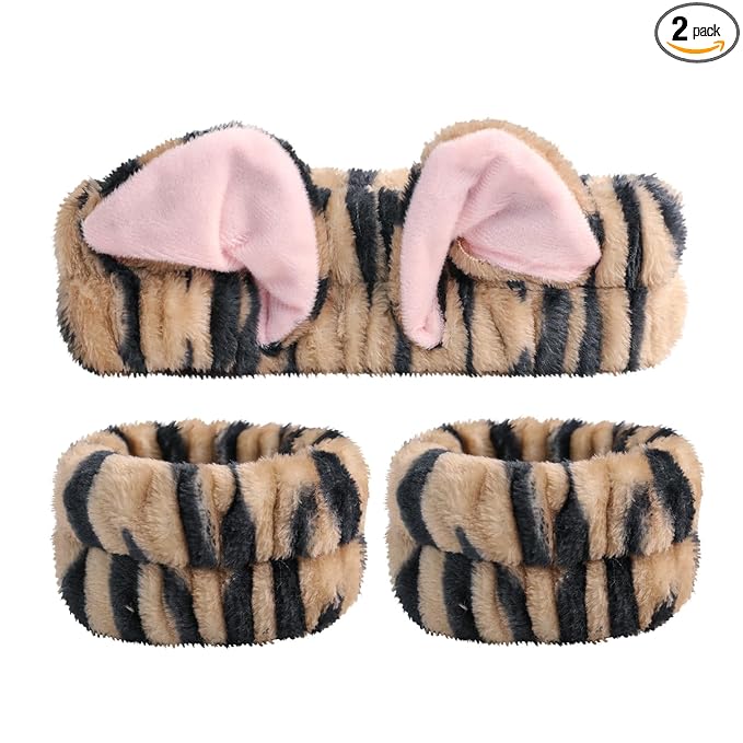 PERFECTSIGHT 2 Pack Cute Animal Headbands for Makeup Wash Shower Adjustable Elastic Hair Band for Girls and Women (Black Cat Ear)