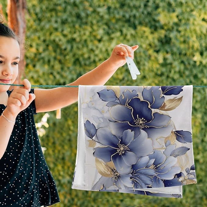 Abstract Blue Golden Floral Leaves Hand Towels for Bathroom Set of 2,Navy White Marble Floral Decorative Bathroom Towels for Bath,Face,Hair,Soft Absorbent Dish Towels for Kitchen Decor 28"x14"