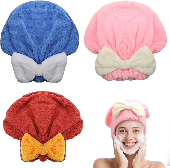 Microfiber Hair Towel Wrap for Women, 3-Pack Super Absorbent Hair Drying Cap with Cute Bow, Anti-Frizz Plopping Towel for Curly and Long Hair, Fast Drying Hair Turban for Shower, Spa, Makeup