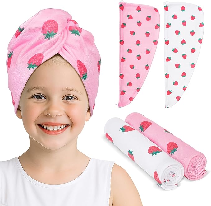 Unicorn Castle Microfiber Hair Towel for Kids 2Pack Hair Wrap Towels Absorbent Hair Drying Towel Wrap Hair Turbans for Curly Thick Hair, Pink White Strawberry
