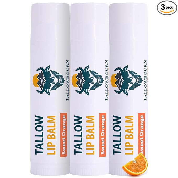 Moisturizing Tallow Lip Balm – Grass-Fed Beef Tallow with Organic Coconut Oil, Beeswax, and Vitamin E – Sweet Orange – Lip Balm Set – Travel Essential – 3-Pack