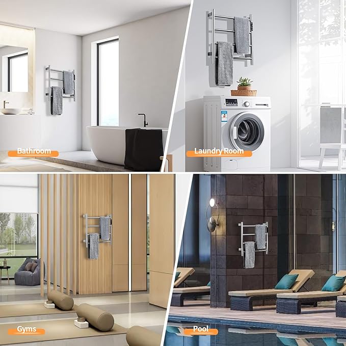 Heated Towel Racks,4 Bars Towel Warmer Rack for Bathroom, Wall Mounted Electric Towel Warmer with Timer, Plug-in/Hardwired Towel Dryer Rack Chrome