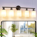DLLT 5-Light Bathroom Light Fixtures: Black Modern Vanity Lights with E26 Bulbs - Milky White Glass Shade Bathroom Wall Lamp for Mirror Kitchen Living Room Hallway Cabinet Porch