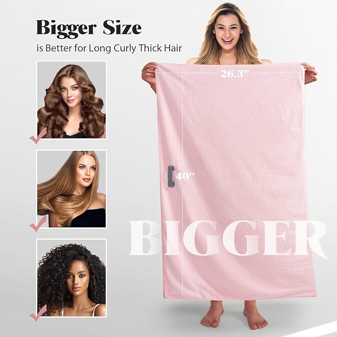MABAO Microfiber Hair Towel Wrap for Women, Quick Dry Hair Turban Towel with Elastic Band, Microfiber Plopping Towel for Curly Hair, Stocking Stuffers for Women (Pink)