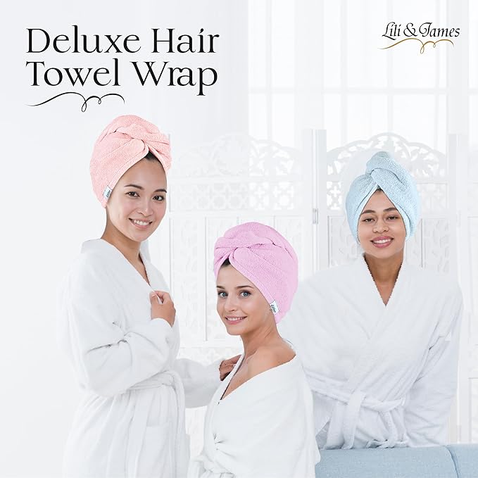 Cotton Hair Towel Wrap for Women/Kids | Quick Dry, Soft & Absorbent 420-GSM Hair Wrap Towels with Double Button | Anti Frizz, Non Microfiber Hair Turbans for Curly, Long & Thick Hair (Blue+Pink+Aqua)