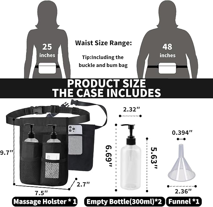 Massage Bottle Holster Single Kit - Incl. 2 Bottle,Machine Washable Massage Lotion Holster with Air Mesh ，Adjustable Strap for Massage Oil & Massage Lotion (2X 10oz)