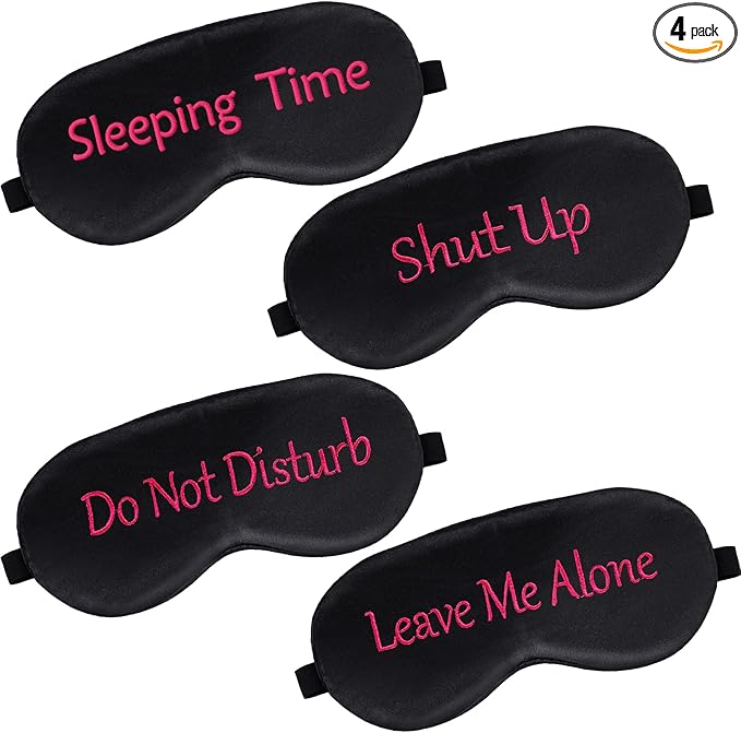 Geyoga 4 Pieces Funny Eye Mask for Sleep Soft Satin Blocking Blindfold with Adjustable Strap Silk Eye Cover Out Lights for Women Men Travel, Nap, Meditation (Black with Red Words,Classic Style)