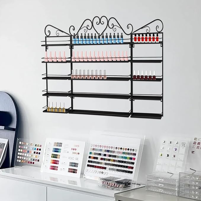 5 Tiers Wall-Mounted Nail Polish Storage Rack,Nail Polish Bottle Holder, 200 Bottles Organizer Shelf, with Lipstick Perfume Shelf for Home Spa Nail Salon Shop(Black)