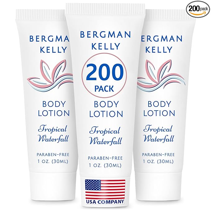 BERGMAN KELLY - Travel Size Lotion - 1 fl oz, 200 PK, Tropical Waterfall - Delight Your Guests w/Invigorating & Refreshing Body Lotion - Quality Mini & Small Size Guest Hotel Toiletries in Bulk