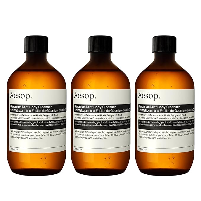 Aesop Geranium Leaf Body Cleanser Refill | Gentle Shower Gel with Geranium, Mandarin and Bergamot Essential Oil Blend to Refresh & Balance Skin | 500 mL / 16.9 oz - Recyclable Bottle (Pack of 3)