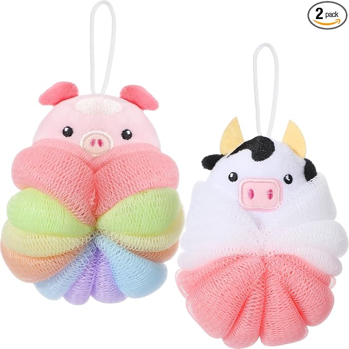 Nuenen 2 Pcs Bath Loofahs Kids Toddler Cute Cartoon Bath Sponges Loofah Pouf Body Scrubber Mesh Sponges for Children Shower Washing Exfoliating(Calf, Pig)