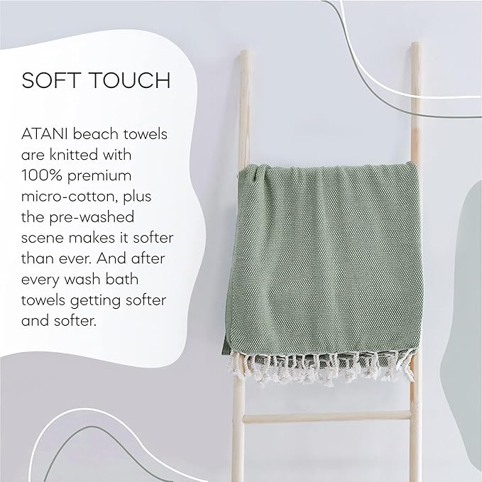 ATANI 69x35 in Oversized Turkish Beach Towel Set with Tote Bag – Quick-Dry 100% Turkish Cotton Peshtemal, Sand-Resistant, Lightweight for Shower, Travel, Pool, Yoga (Green)