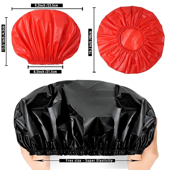 Jumbo Size Shower Cap 2 PCS Waterproof Shower Caps for Women, Extra Large Shower Cap, Reusable Super Large Bath Caps Hair Cap for Long Thick Curly Hair, Locs, Twist Braids - Black+Red
