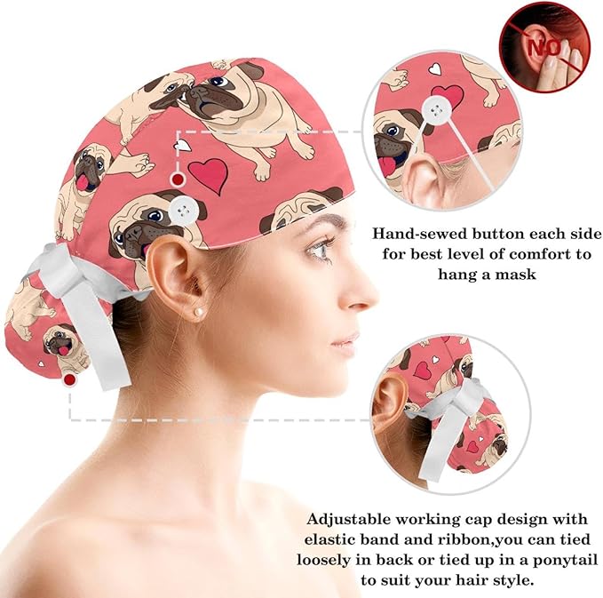 Adjustable Brown Dachshund Dog Blue Surgical Scrub Cap with Button,Sweatband for Women with Bow Hair Scrunchy