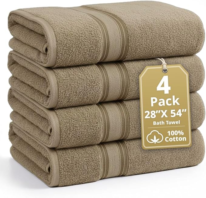 LANE LINEN 100% Cotton Bath Towels Set of 4 (28"x54") - Zero Twist, Cotton Bathroom Towel Sets - Quick Dry, Highly Soft & Absorbent Large Shower Towels for Bathroom - Sustainabaly Produced - Taupe