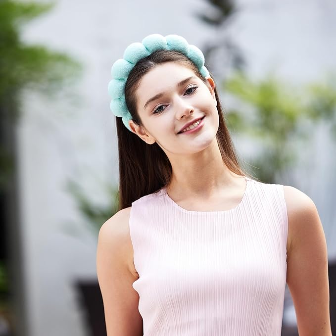 Ztomine Spa Terry Cloth Face Washing Headband Combo - Set of 2 Puffy Makeup Headbands for Facial Care (Blue + Turquoise)