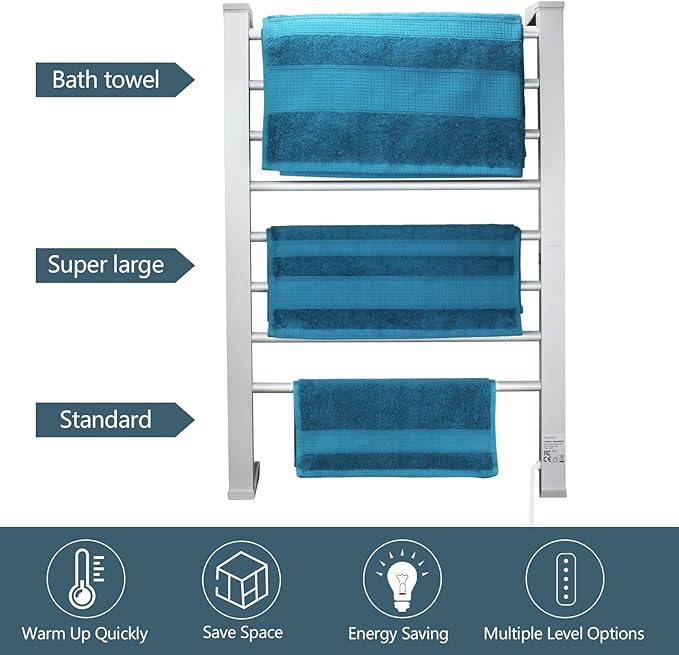 ELEGANTLIFE Electric Towel Warmer for Bathroom, Heated Towel Rack with Timer & Auto Shut-Off, Freestanding or Wall-Mounted Aluminum 8-Bar Design for Towels and Bath Sheets