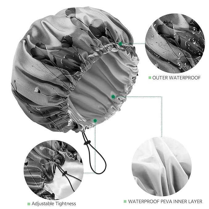 2 PCS Shower Cap Waterproof Double Layer Elastic Adjustable Reusable Hair Bath Caps for Girls Women Cute Aesthetic-Black Grey