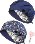 2 Pack Satin Lined Bouffant Scrub Caps with Buttons, Adjustable Scrub Caps for Women Men