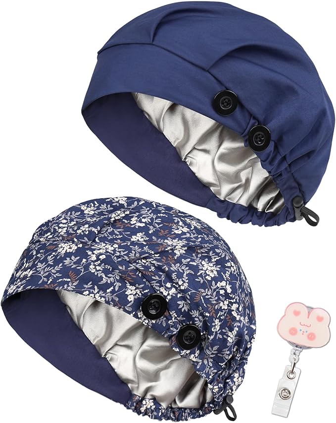 2 Pack Satin Lined Bouffant Scrub Caps with Buttons, Adjustable Scrub Caps for Women Men