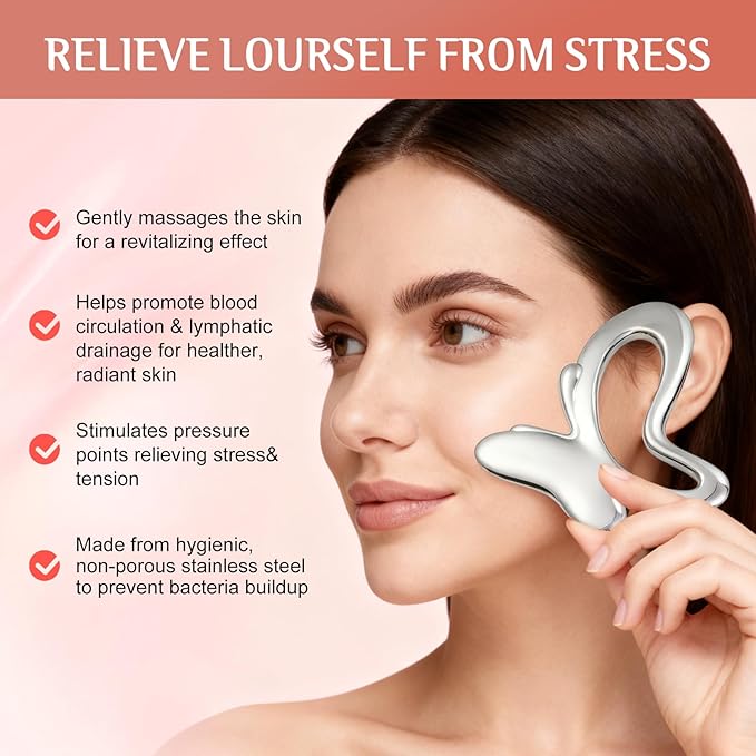 Gua Sha & Face Roller, Stainless Steel Gua Sha Facial Tools, Lymphatic Drainage Massager for Face, Eyes, Chin & Jawline Sculpting, Body Gua Sha Tools with Pouch (Light Silver)