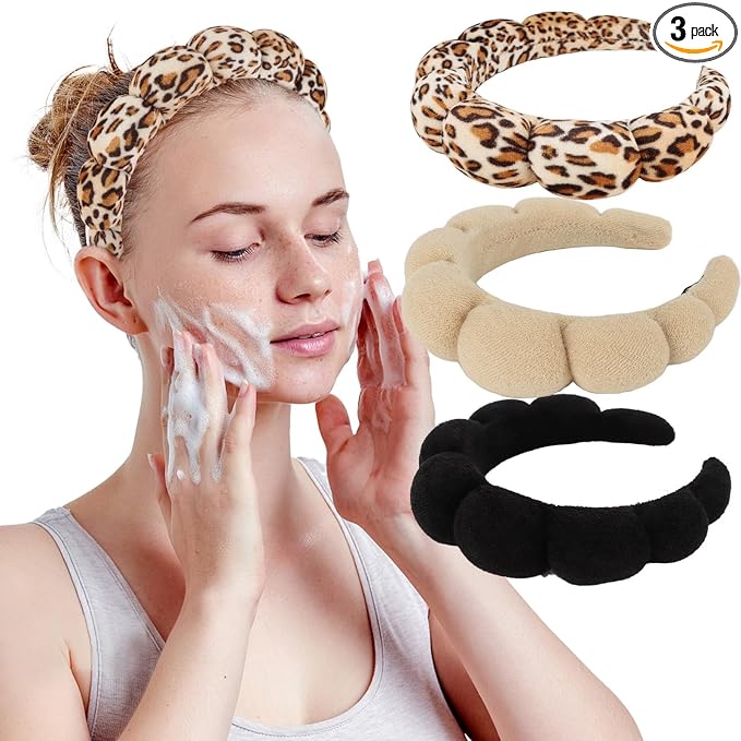 WHAVEL 3 Pack Spa Headband Skincare Headbands, Soft Hair Band for Washing Face, Makeup, Facial, Skin Care (Leopard, Brown, Black)
