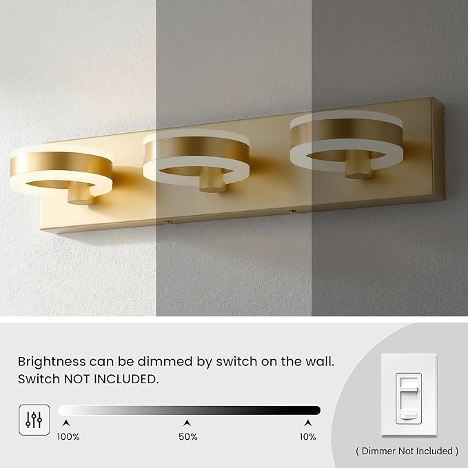 LED Bathroom Light Fixtures, 24inch Gold Vanity Lights, Modern 3 Light Acrylic Wall Sconces, 350° Rotatable Wall Lighting Fixture Over Mirror