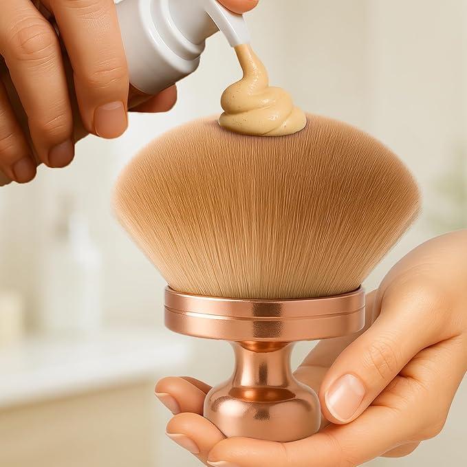 Kabuki Self Tanner Brush – Round Dome Blending Brush for Face & Body, Palm-Grip Applicator for Smooth, Streak-Free Tan | Soft Synthetic Bristles, Washable & Reusable (Gold)