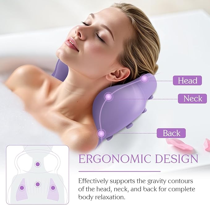 Silicone Bath Pillow, New Material Bath Pillows for Tub Head Neck and Back Support, Bath Tub Pillow with 4D Press Inflatable Airbag and Non-Slip Strong Suction Cups, Quick-Drying, Easy to Store,Purple