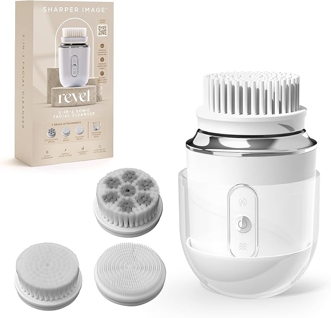 Sharper Image Revel 3-in-1 Sonic Facial Cleanser - 15,000 VPM Glow-Boosting Face Brush, Oscillating & Spin Modes, 3 Brush Heads, 3 Speeds, 90-Second Smart Timer, Wireless Charging, Water-Resistant