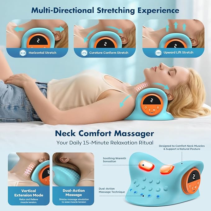 Neck Massager 2026,4-in-1 Neck & Shoulder Massager with Multi-Directional Stretch, Heating & Vibration, 360° Remote Control – Ergonomic for Home, Office,Car Travel