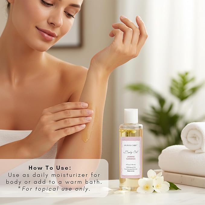 Olivia Care Jasmine Gardenia Body Oil Vegan & Natural Oil For Women | Hydrating & Moisturizing After Bath Oil - with VITAMIN E, K & Omega Fatty Acids Reduce Dry Skin - 4 OZ