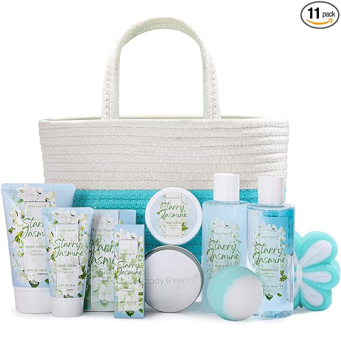 Body & Earth Gift Baskets for Women 11PCS Jasmine Spa Gift Sets for Her, Self Care Kit with Bubble Bath, Shower Gel, Lotion Set, Mothers Day Gifts for Mom