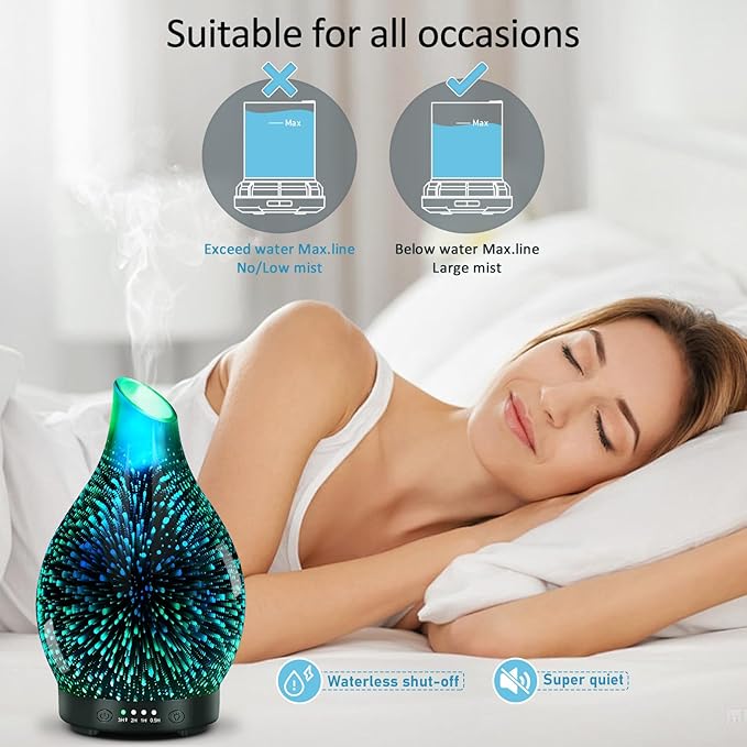 Essential Oil Diffuser 150ML -3D Firework Glass Aromatherapy Diffusers for Essential Oils with 4 Timer Setting Auto Shut-Off Silent Operation 7 Colors Lights Changing for Room, Office, Yoga