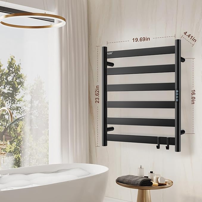 R FLORY Heated Towel Rack for Bathroom, 6 Bar Wall Mounted Towel Warmer Racl Flat with Timer & Temperature, Electric Towel Heater with LED Display Screen, Plug-in,Matte Black