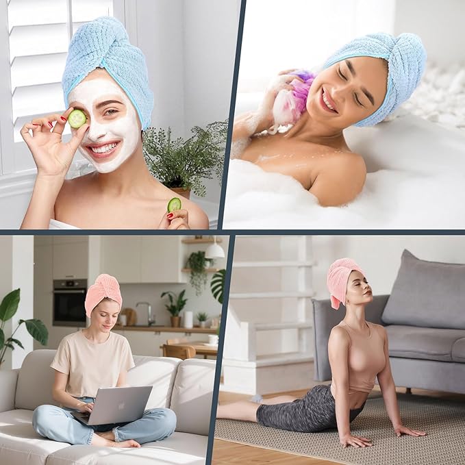 BEoffer 2 Pack Microfiber Hair Towel - 41 x 24 inches Super Soft, Absorbent, Fast Drying Without Frizz Hair Towel Wrap for Women Long, Thick, Curly Hair - Hair Turbans with Elastic Strap