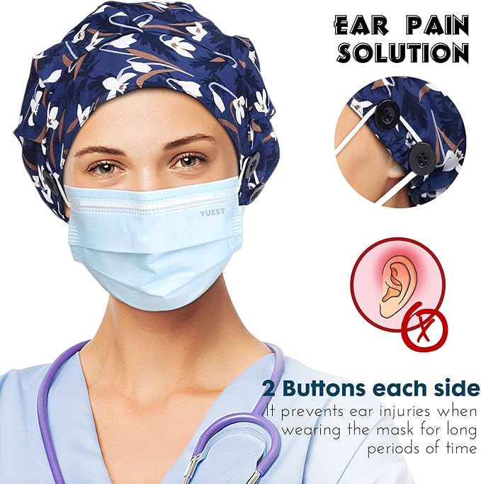 2 Pack Satin Lined Bouffant Scrub Caps with Buttons, Adjustable Scrub Caps for Women Men